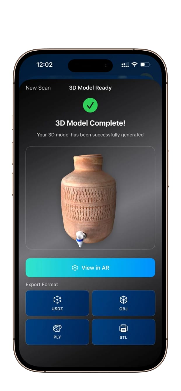 Gamisya AR Scan showing a finished 3D model of a terracotta water pot